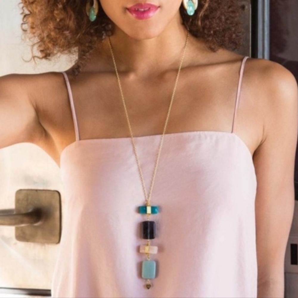 Noonday Collection teal navy pink gold geometric pendant necklace
